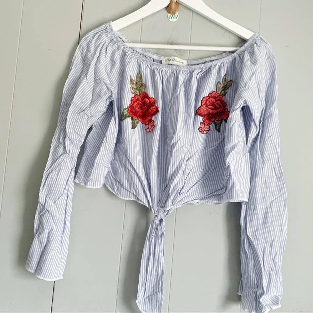 Pink Lemonade Striped Tie Front Long Sleeve Crop Top Rose Appliqué Embellished M